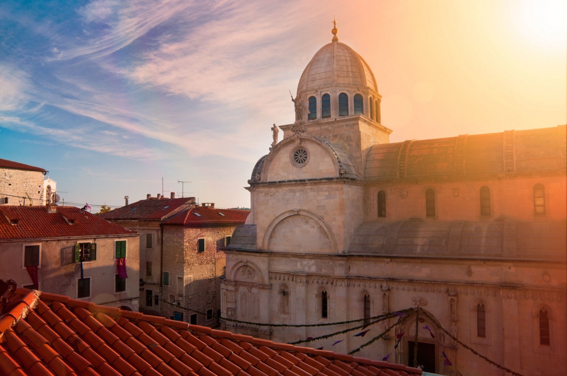 sibenik cathedral and pink sky croatia holidays